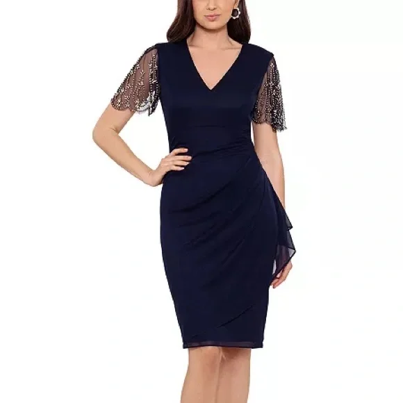 Xscape | Dresses | Nwt Xscape Navy Dress With Beaded Sleeves Size | Poshmark
